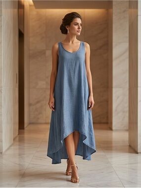 Premise Sleeveless Blue High-Low Linen Dress